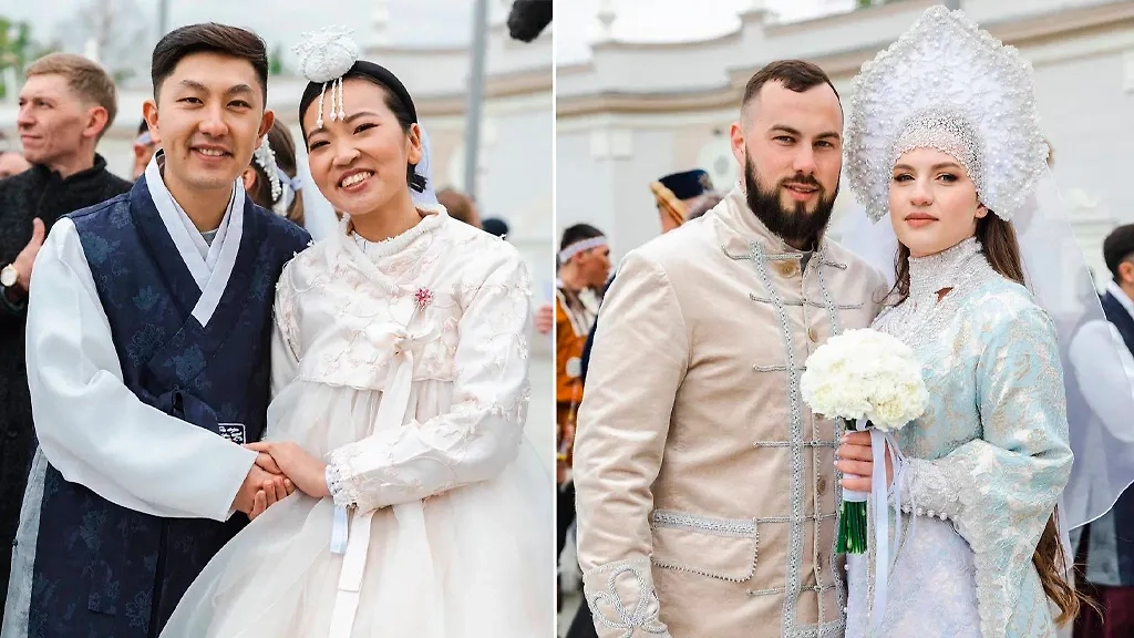 Кадры с массовой свадебной церемонии на выставке "Россия". Фото © Telegram / ЗАГС.Москва