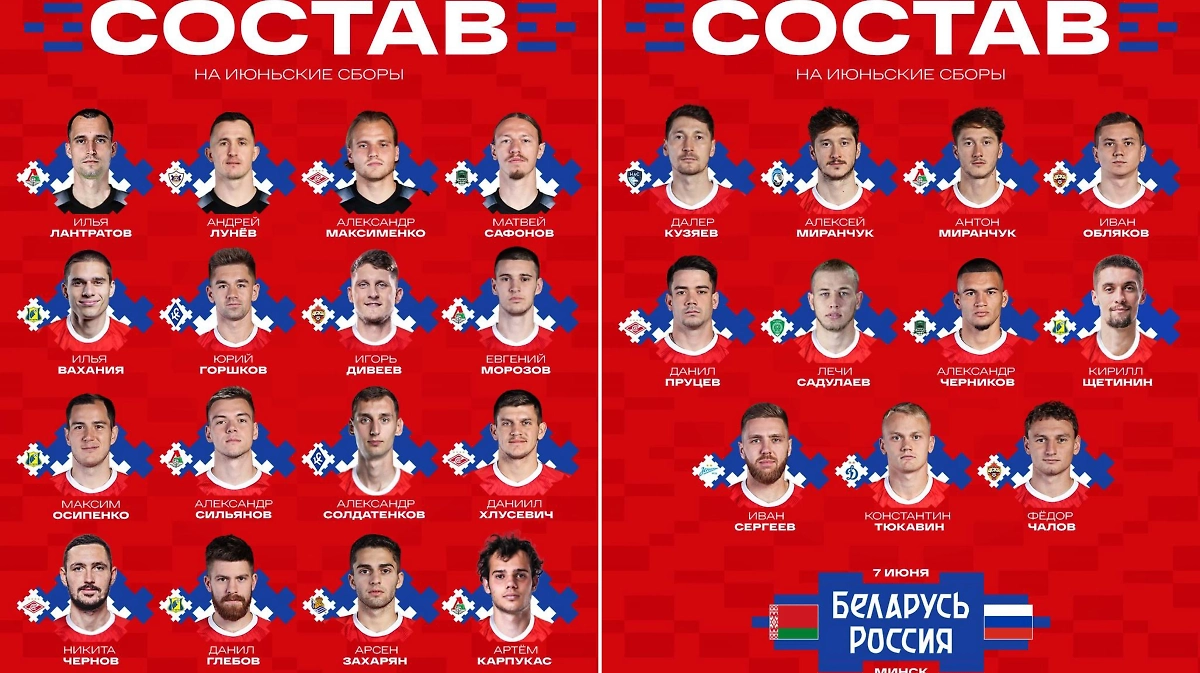 Окончательный состав сборной России на товарищеский матч с Белоруссией 7 июня. Фото © Telegram / Сборная России по Футболу