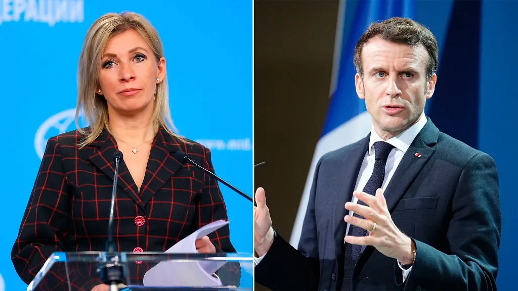 Мария Захарова и Эмманюэль Макрон. Обложка © Getty Images / Handout / Russian Foreign Ministry Press Office, Kay Nietfeld