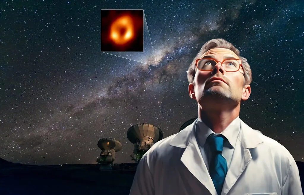 Млечный Путь в небе над пустыней Атакама с обозначенным местоположением галактического центра. Коллаж © Life.ru Фото © ESO / José Francisco Salgado (josefrancisco.org), EHT Collaboration, © "Шедеврум"