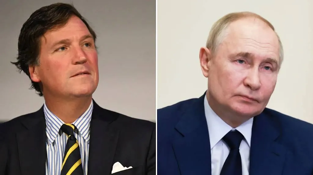 Такер Карлсон и Владимир Путин. Обложка © ТАСС / LUKAS COCH , Вячеслав Прокофьев