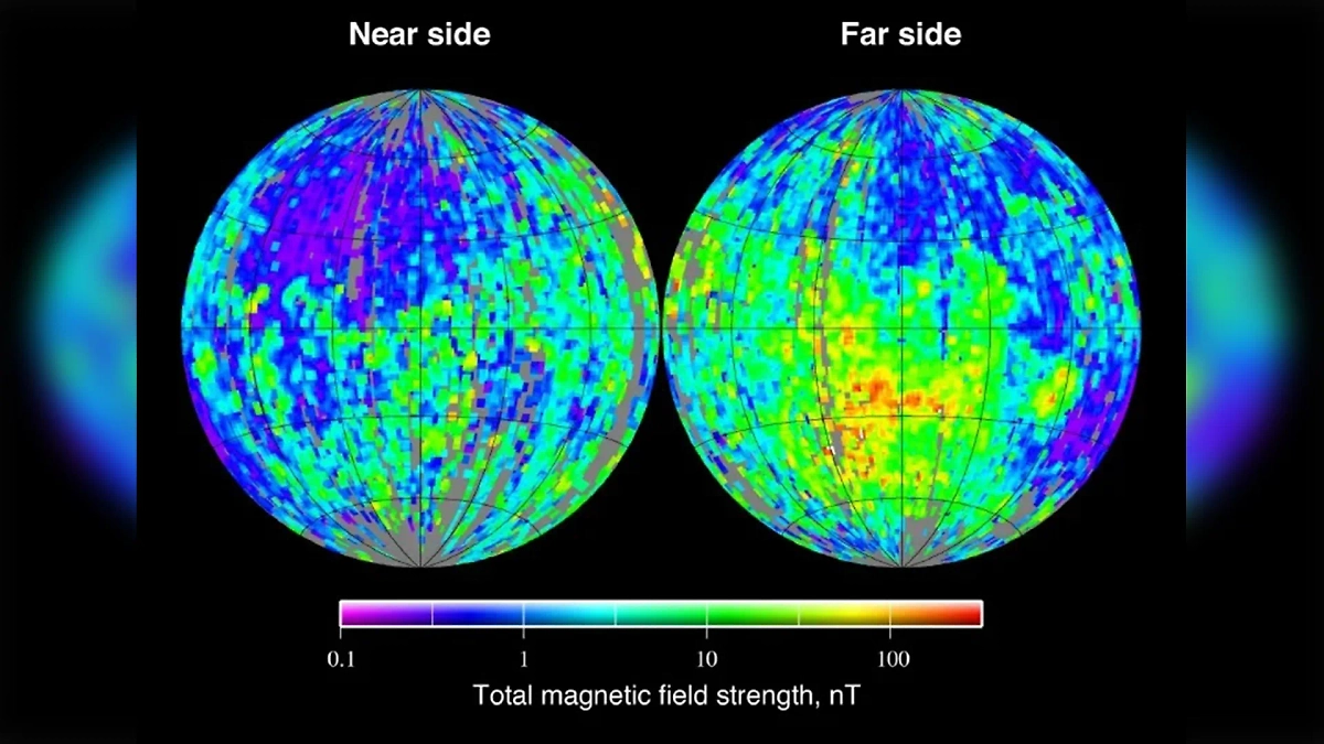 Карта магнитного поля Луны, составленная по данным зонда Lunar Prospector. Фото © Wikipedia / Mark A. Wieczorek
