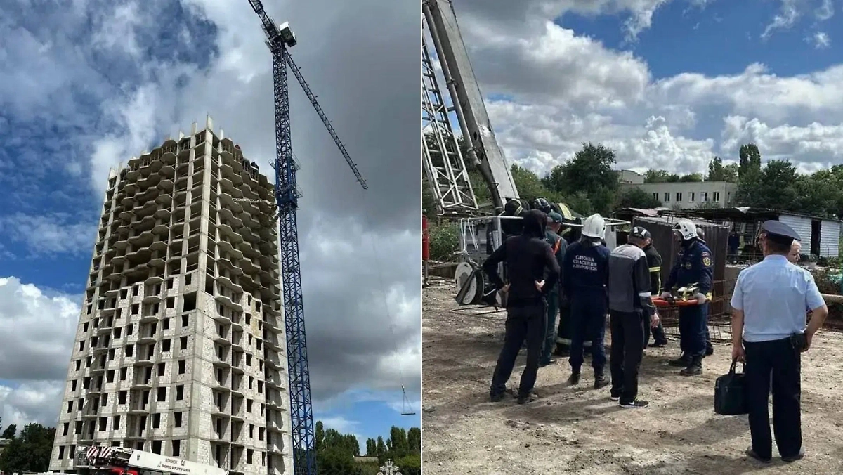 Фото с места ЧП в Воронеже, где двое рабочих погибли на стройке при падении подъёмника башенного крана. Обложка © Telegram / МЧС России по Воронежской области