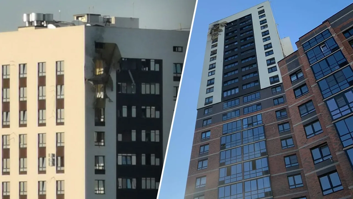 БПЛА при падении повредил фасад многоэтажки на улице Березовая Роща в Воронеже. Обложка © Telegram / Гусев