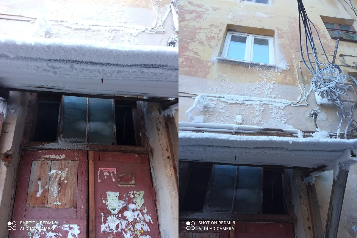 Покрылся льдом и инеем дом № 1/16 на улице Пушкина в Щёлкове. Фото © Vk / Команда губернатора Подмосковья