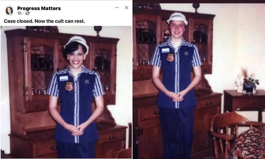 Якобы Камала Харрис в молодости в форме McDonald's (слева) и оригинал фото с канадской профессором биологии Сюзанной Бернье. Обложка © X / ShaneLo32712676, reganfamily.ca