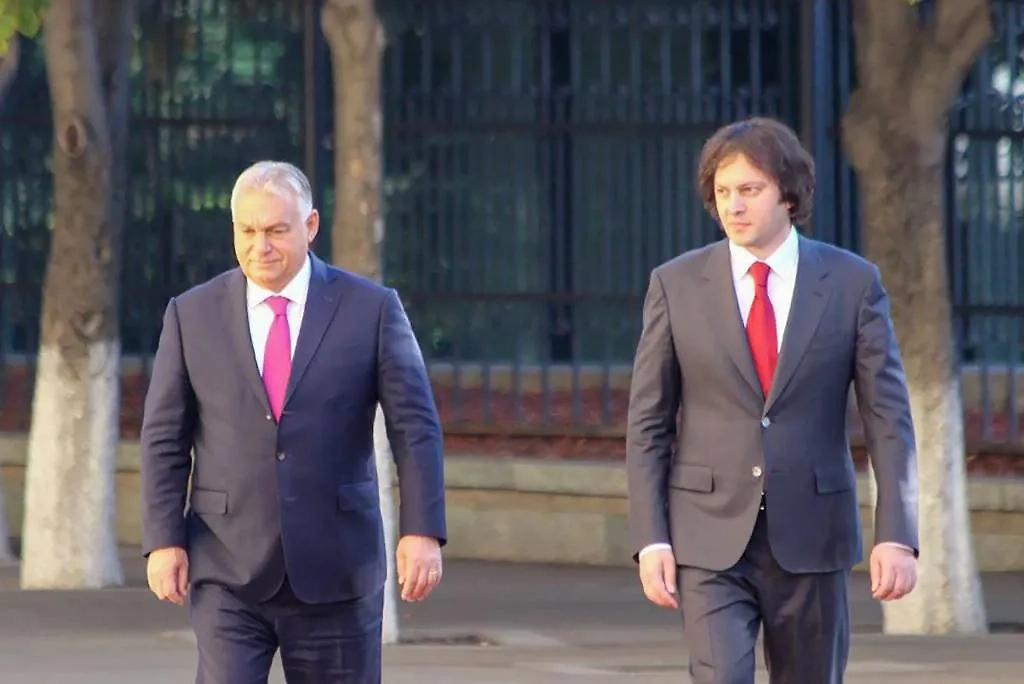 Премьер-министр Венгрии Виктор Орбан и премьер-министр Грузии Ираклий Кобахидзе (слева направо) во время встречи у здания правительства. Фото © Инна Кукуджанова/ТАСС