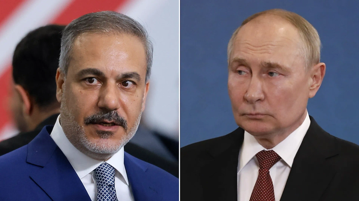 Президент РФ Владимир Путин (справа) и Глава МИД Турции Хакан Фидан. Коллаж © Life.ru. Фото © ТАСС / EPA, © Life.ru