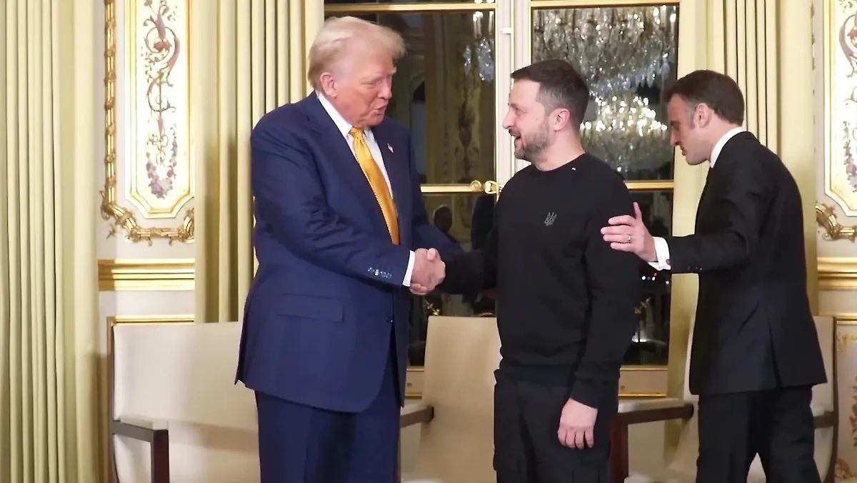 Владимир Зеленский, Эмманюэль Макрон и Дональд Трамп в Париже 7 декабря. Обложка © Телеграм / Zelenskiy / Official