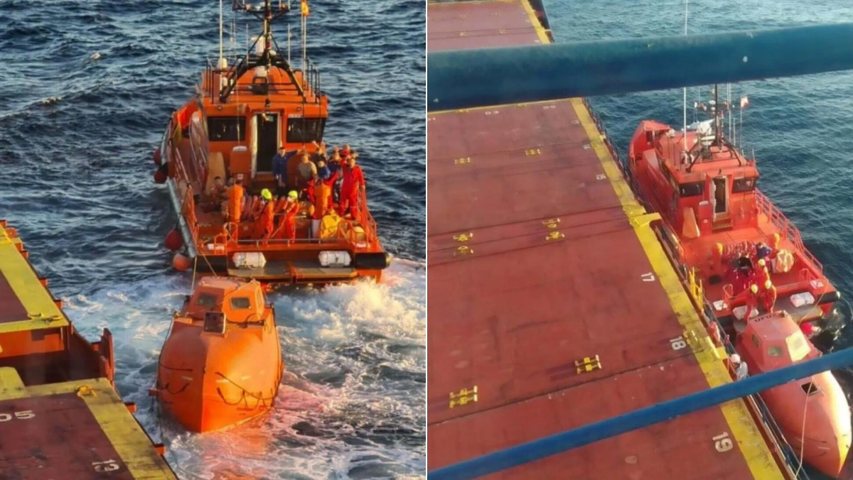 Спасательная шлюпка была закреплена вдоль норвежского судна до прибытия спасательной лодки. Обложка © Bulkship Management