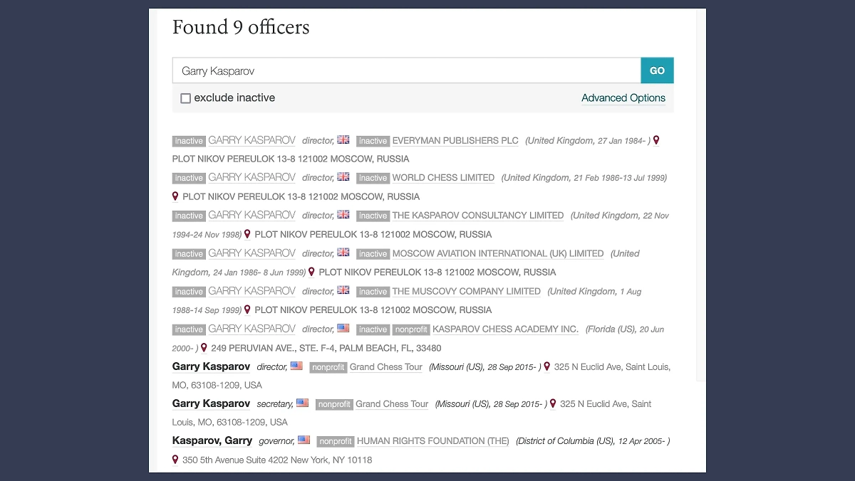 Как видно, свой бизнес-путь Гарри Каспаров* начинал с британской юрисдикции. Возможно, тогда он и определился со своим отношением к России. Фото © opencorporates.com