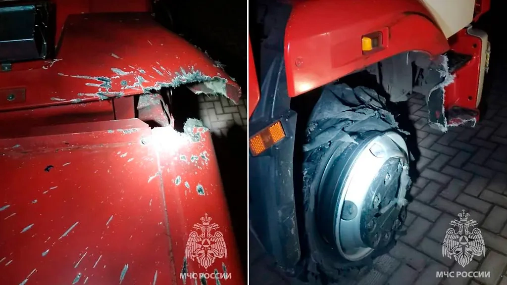 Пожарная машина получила повреждения в результате атаки ВСУ в Горловке. Фото © Telegram / МЧС России
