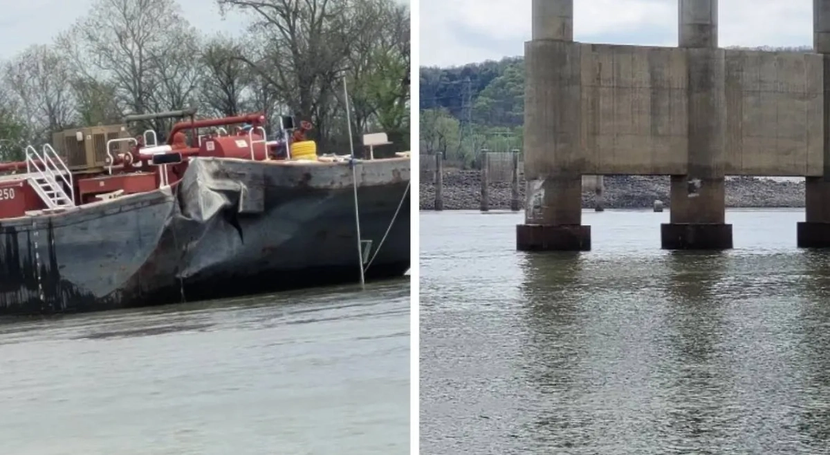 Баржа врезалась в опору моста в Оклахоме. Обложка © Х / OK Highway Patrol / DPS