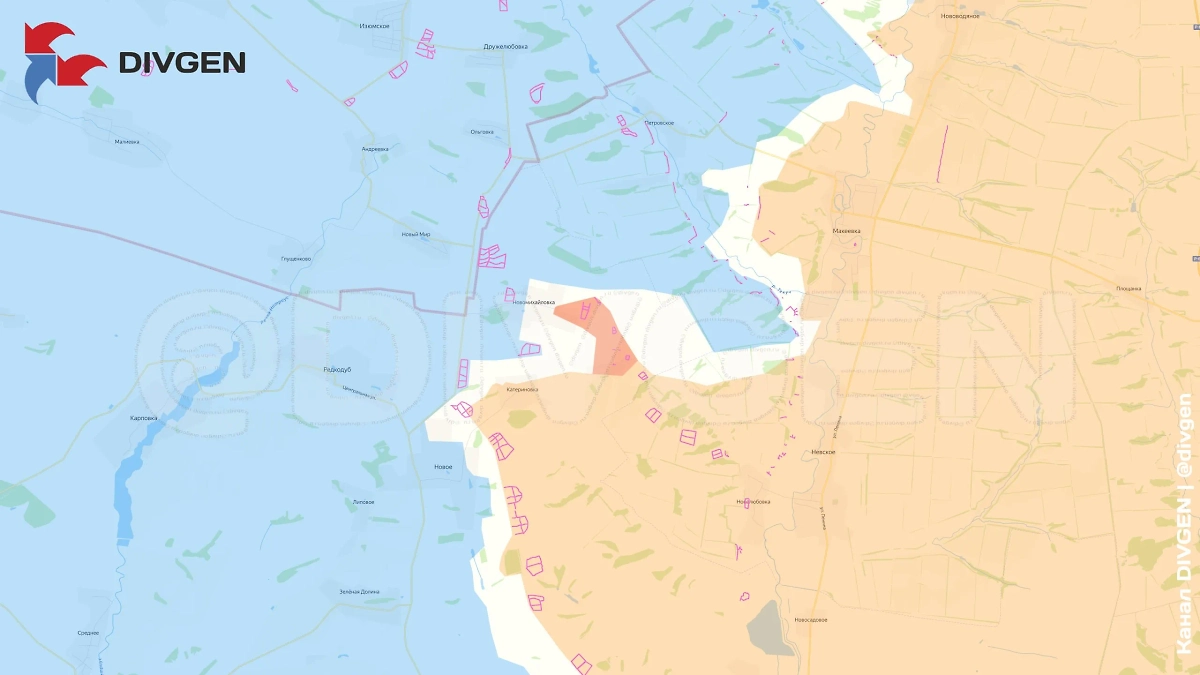 Карта СВО на 15 апреля 2025 года. Первые штурмовые группы ВС РФ зашли в Новомихайловку. Фото © Telegram / DIVGEN 🚩 Карта СВО