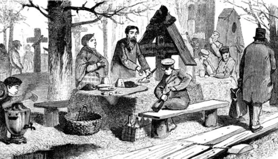 Радоница после Пасхи 2025: полный гид по поминальному дню с датами и обычаями. Поминки на Радоницу. XIX век. Фото © Wikipedia 