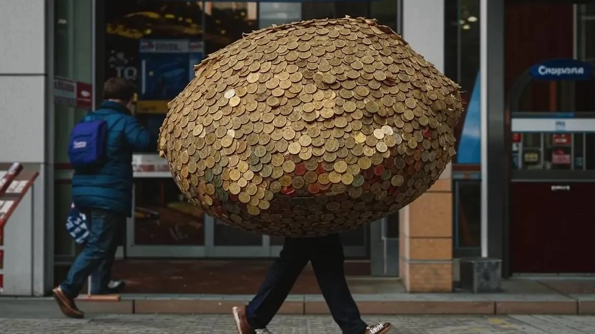 Россиянин несёт огромный мешок мелочи в банк в рамках «Монетной недели». Обложка Kandinsky 3.1 / Life.ru