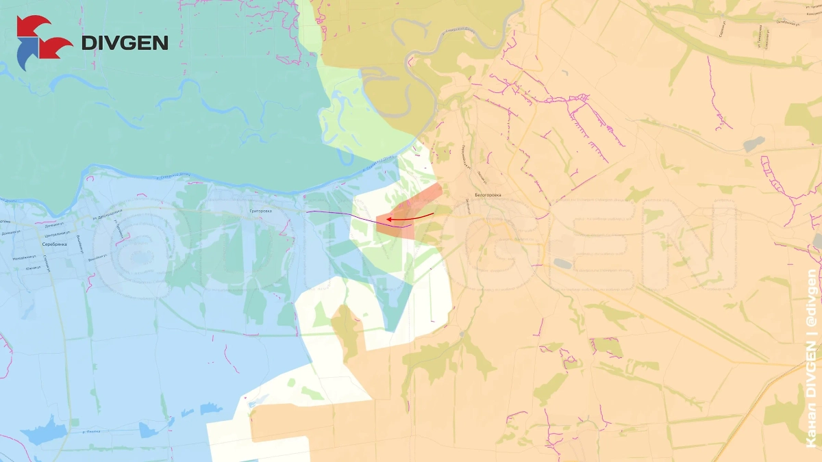 Карта СВО на 16 апреля 2025 года. ВС РФ продвигаются в направлении Григоровки на Северском участке. Фото © Telegram / DIVGEN 🚩 Карта СВО