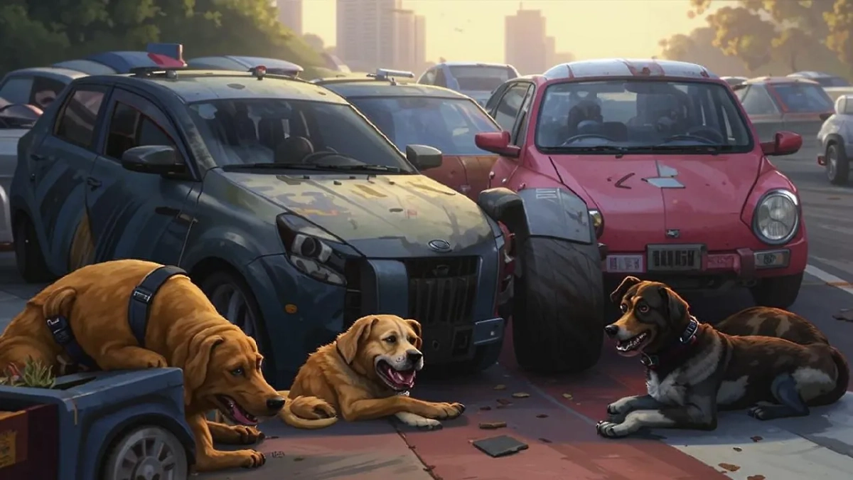 Собаки около машин. Обложка © Kandinsky 3.1 / Life.ru