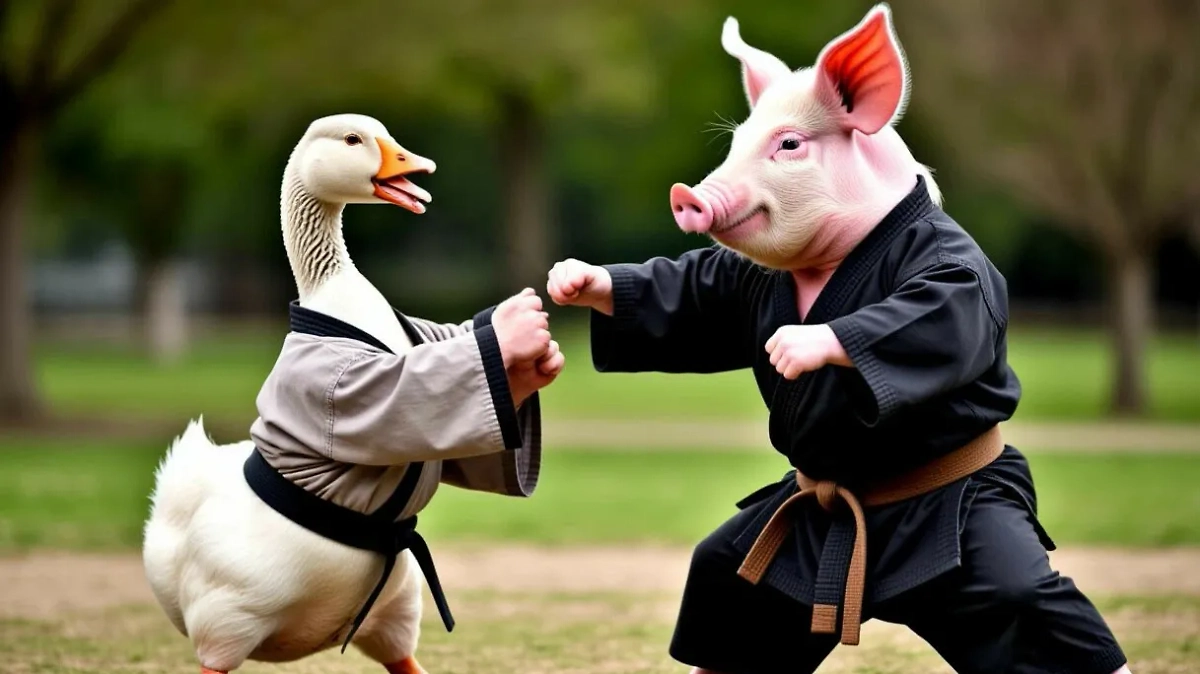 Гусь свинье не товарищ — и правда, не товарищ, посмотрите, как они злобно глядят друг на друга. Фото © «Шедеврум»