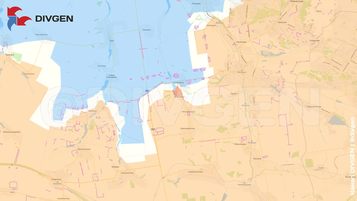 Карта СВО на 18 апреля 2025 года. Валентиновка перешла под контроль ВС РФ. Идут бои за Сухую Балку. Фото © Telegram / DIVGEN 🚩 Карта СВО