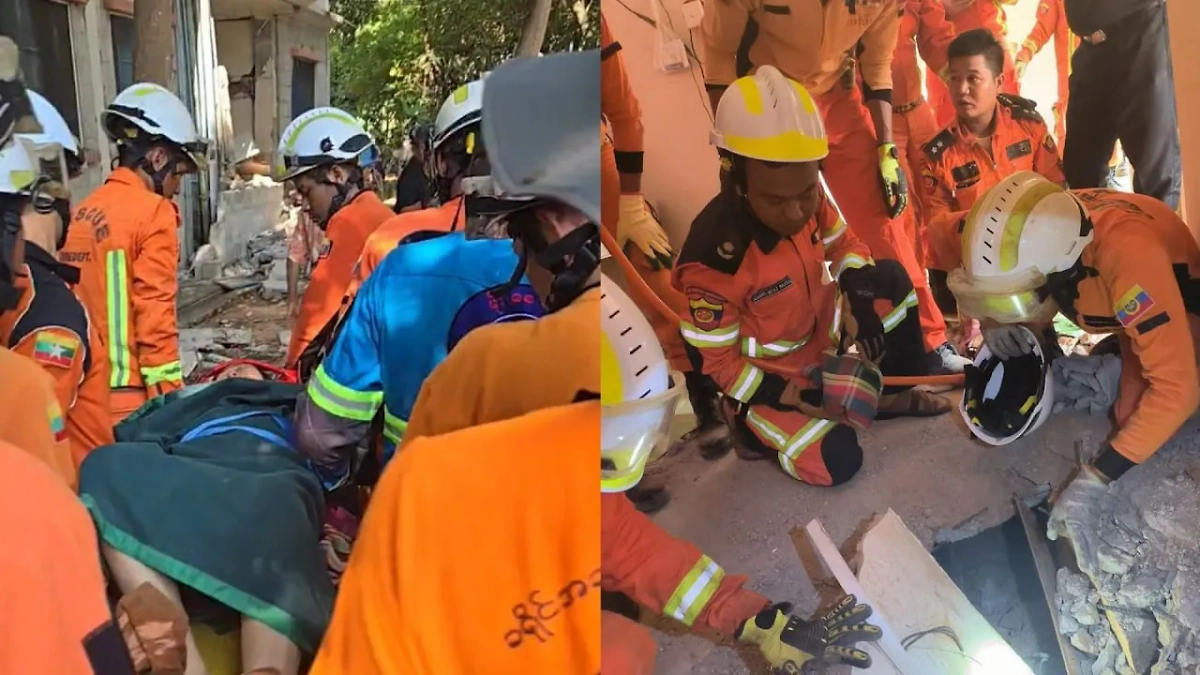 Спасение женщины, пострадавшей от землетрясения, в Мьянме. Обложка © X / LatAung06