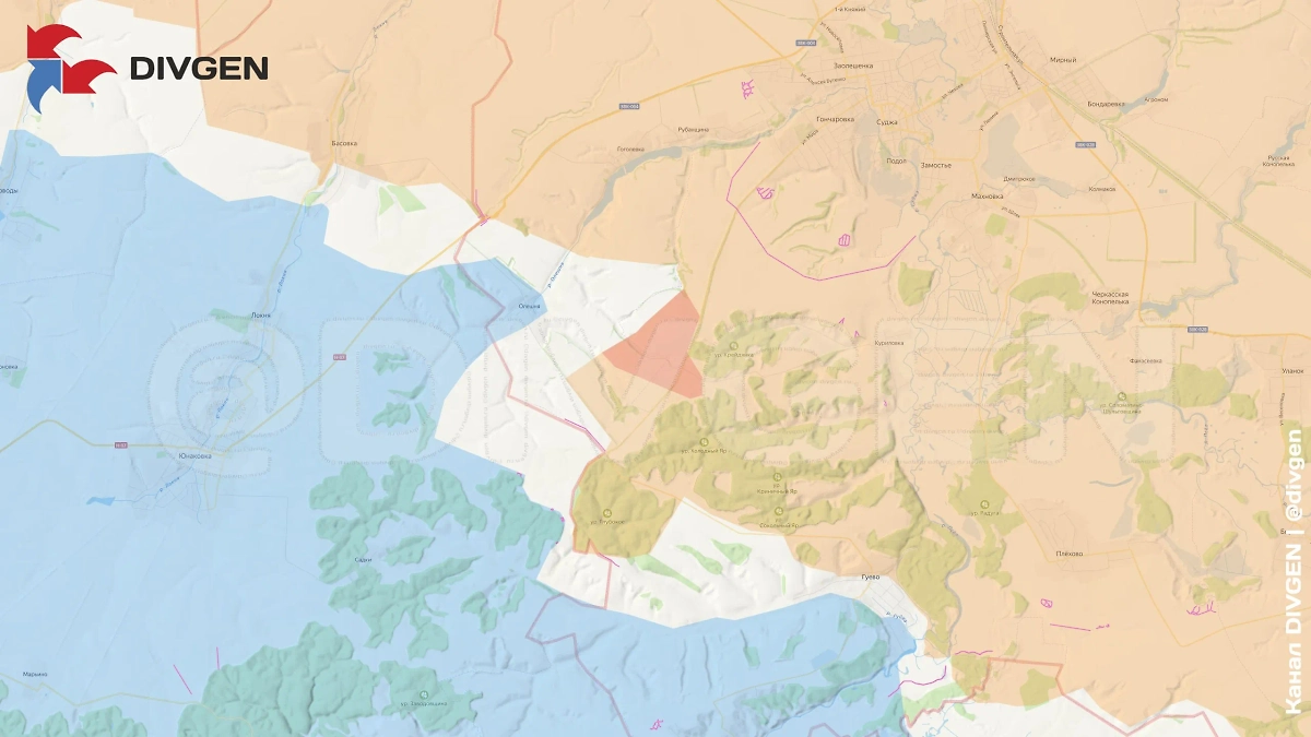 Карта СВО в Курской области 2 апреля 2025 года. Российская армия продвигается к Олешне. Фото © Telegram / DIVGEN 🚩 Карта СВО