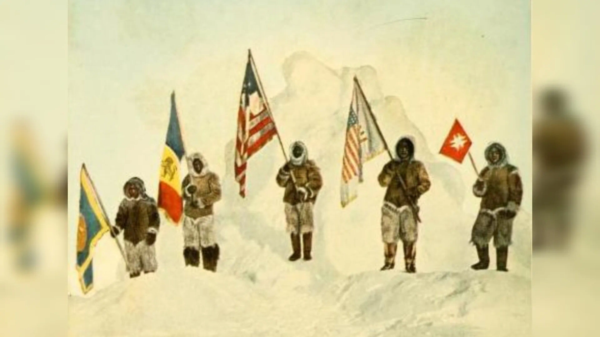 Участники экспедиции Роберта Пири на Северном полюсе 6 апреля 1909 года. Фото © Wikipedia / Роберт Пири