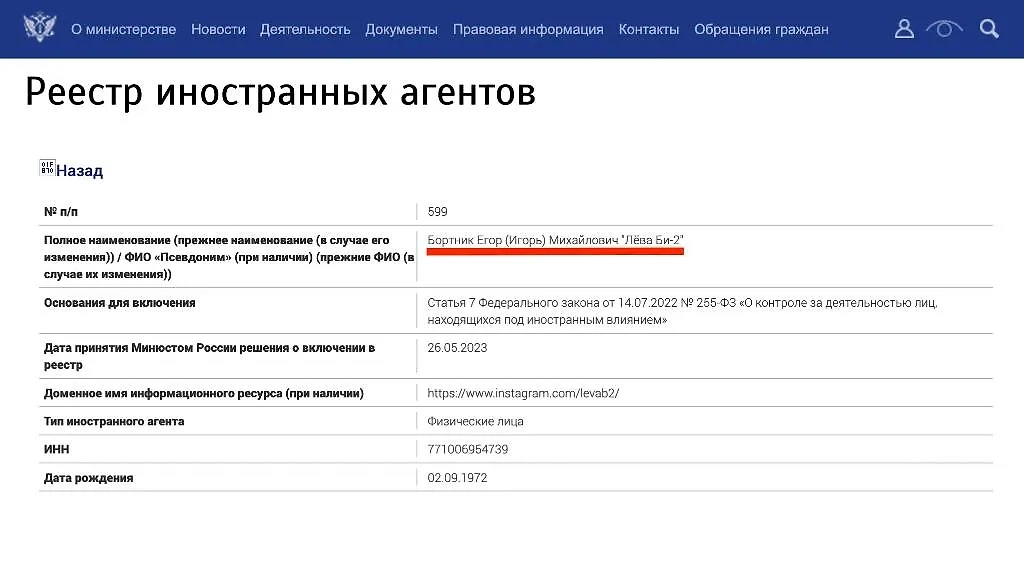Теперь все имена Лёвы Би-2* находятся в одном реестре. Фото © Министерство юстиции Российской Федерации