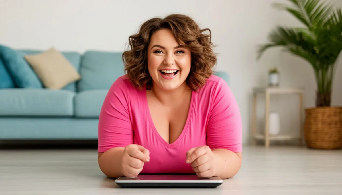 Радостная женщина видит первые результаты на весах после советов Life.ru. Обложка © Life.ru / Шедеврум