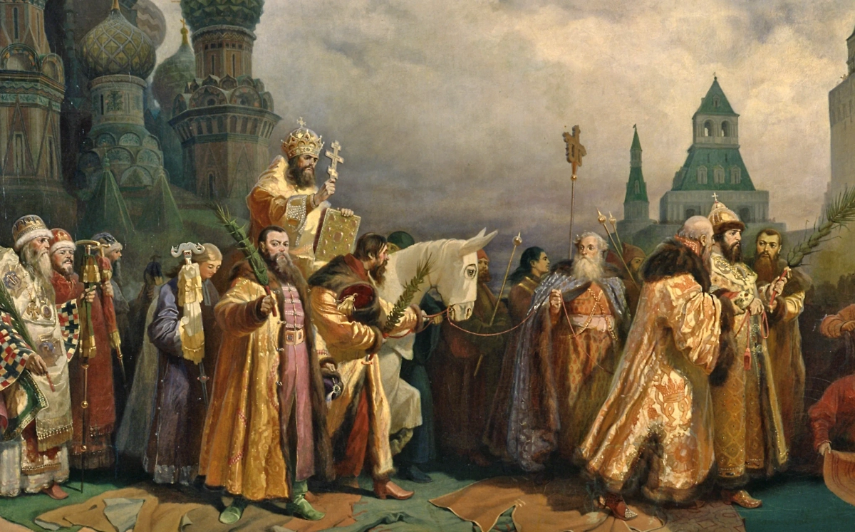 Вербное воскресенье начали праздновать сразу после смерти Христа. В 2025 году оно будет 13 апреля. «Вербное воскресенье в Москве при царе Алексее Михайловиче. Шествие патриарха на осляти». Картина 1865 года. Фото © Wikipedia / Вячеслав Григорьевич Шварц