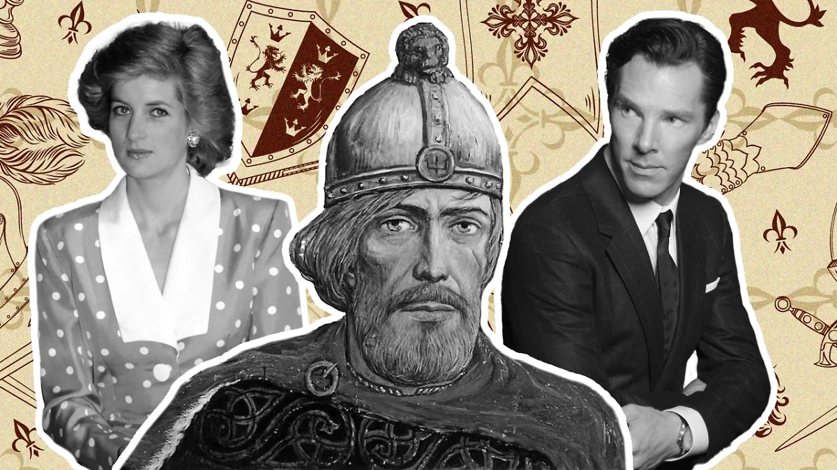 Оказывается, эти знаменитости могут быть потомками первого русского правителя — князя Рюрика. Коллаж © Life.ru. Обложка © Kinopoisk, © Gettyimages / Princess Diana Archiv, © Freepik / macrovector