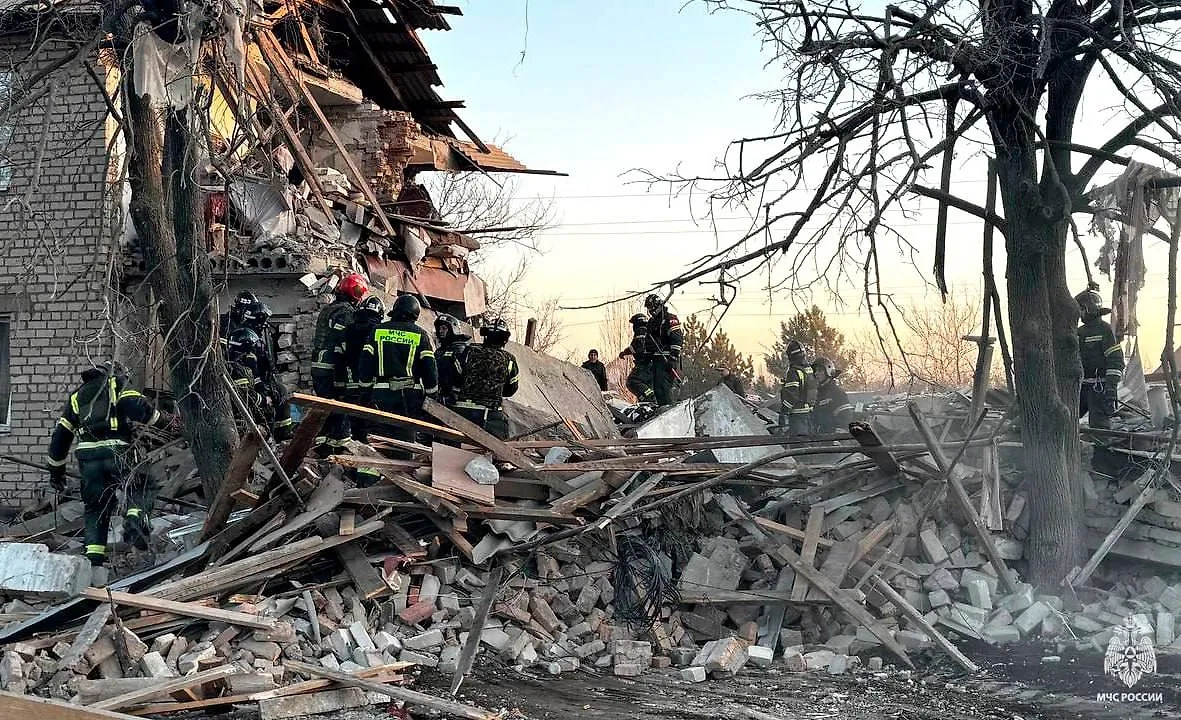 Два подъезда дома рухнули в селе Новополтавка. Фото © МЧС России
