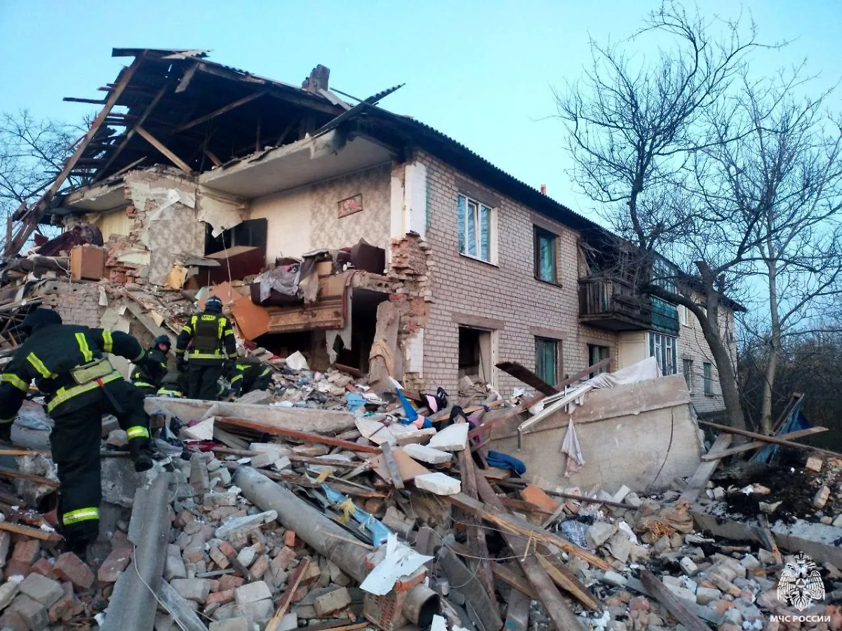 Два подъезда дома рухнули в селе Новополтавка. Фото © МЧС России