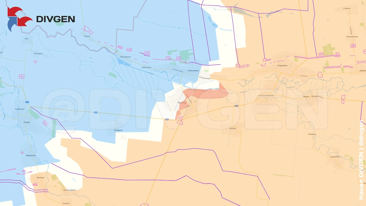 Карта СВО на 15 мая 2025 года. Российская армия продолжает штурм Богатыря. Фото © Telegram / DIVGEN 🚩 Карта СВО