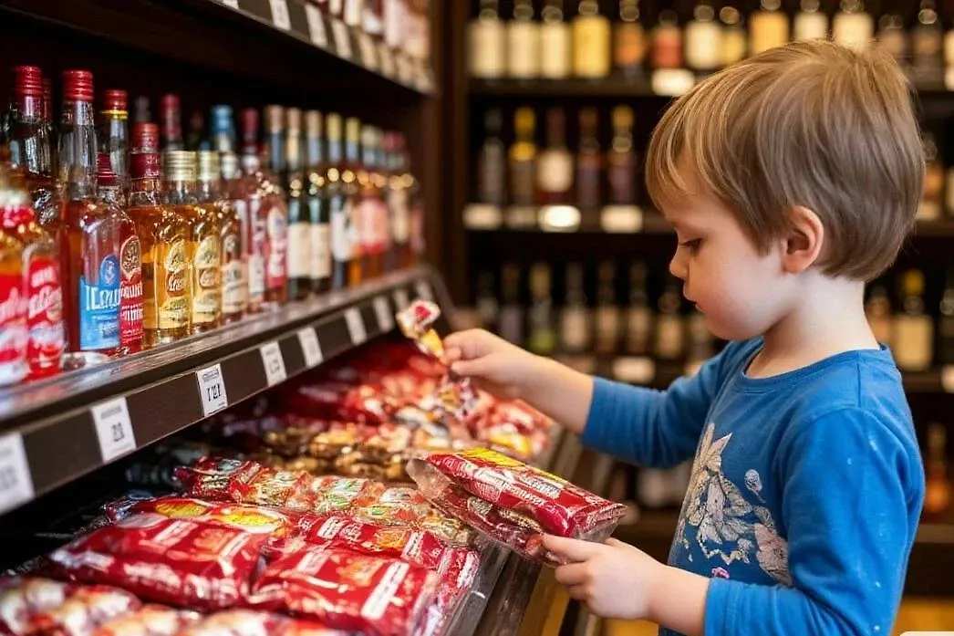 Ребёнок выбирает сладости в алкомаркете. Фото © «Шедеврум» / Life.ru