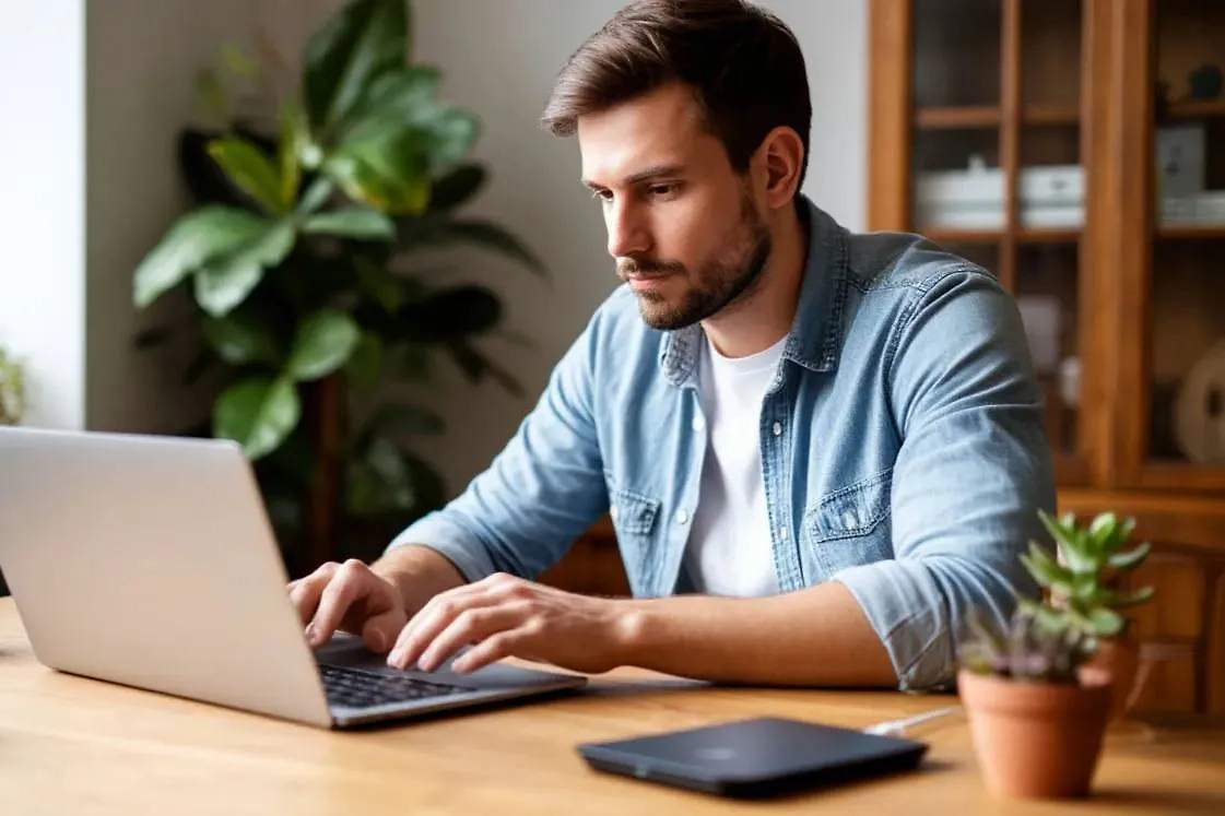 Мужчина работает дома за ноутбуком. Обложка © «Шедеврум» / Life.ru