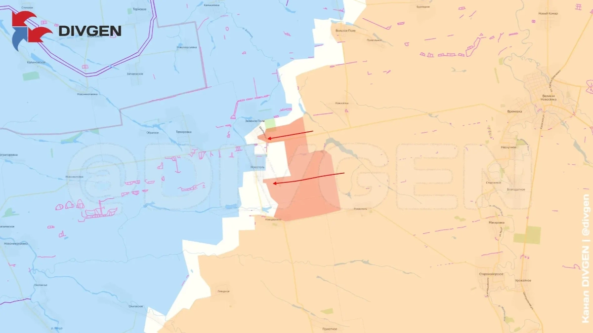 Карта зоны СВО на 19 мая 2025 года. ВС РФ штурмуют Зелёное Поле и Новополь. Фото © Telegram / divgen