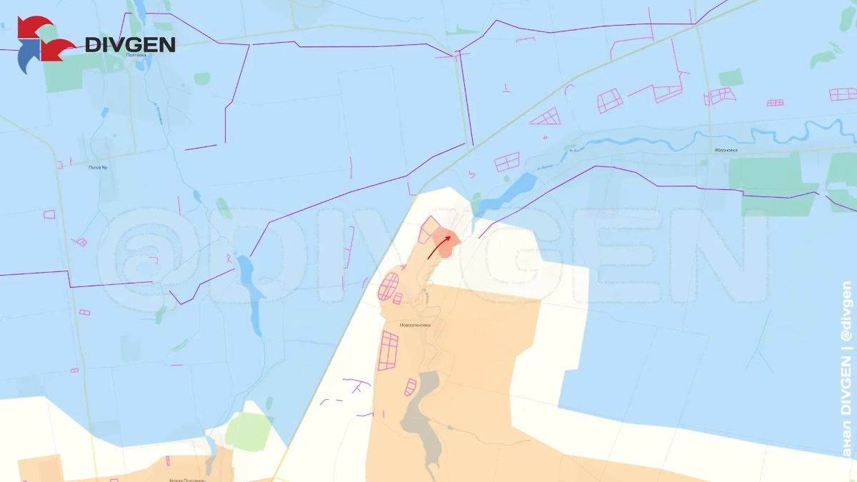 Карта зоны СВО на 19 мая 2025 года. Штурмовые группы ВС РФ зашли в Новоалексеевку. Деревня не является самостоятельной административно-территориальной единицей и относится к н.п. Яблоновка. Фото © Telegram / divgen