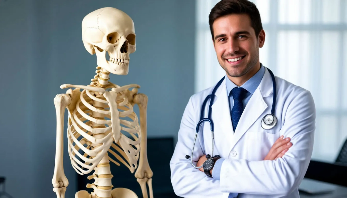 Травматолог с макетом скелета человека. Обложка © Шедеврум / Life.ru