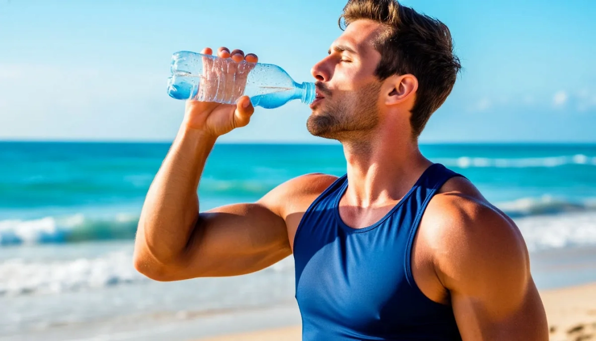 Мужчина наслаждается холодной водой на жаре. Обложка © Шедеврум / Life.ru