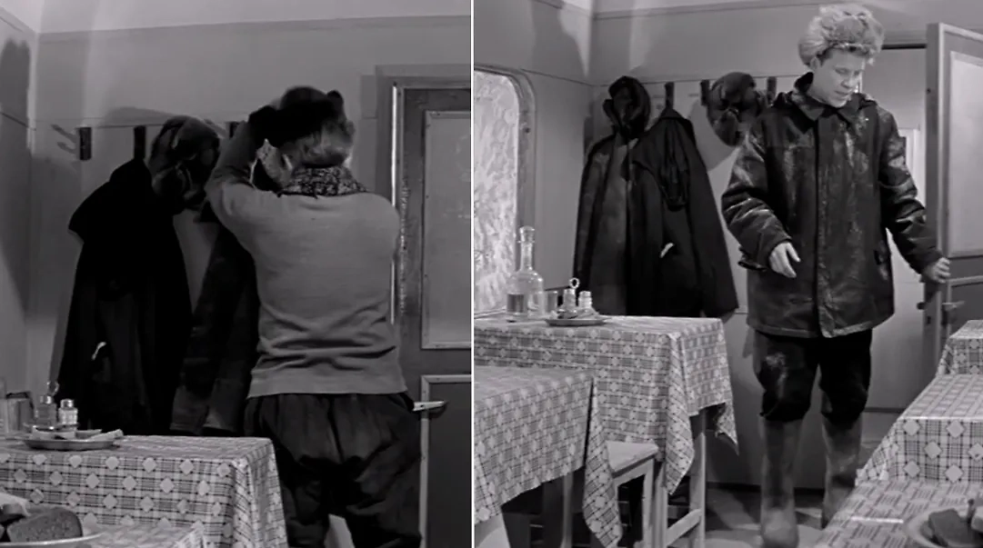 Интересно, связан ли усатый мужчина с перемещениями верхней одежды? Фото © Кадр из фильма «Девчата», режиссёр Юрий Чулюкин, сценарист Борис Бедный / Kinopoisk