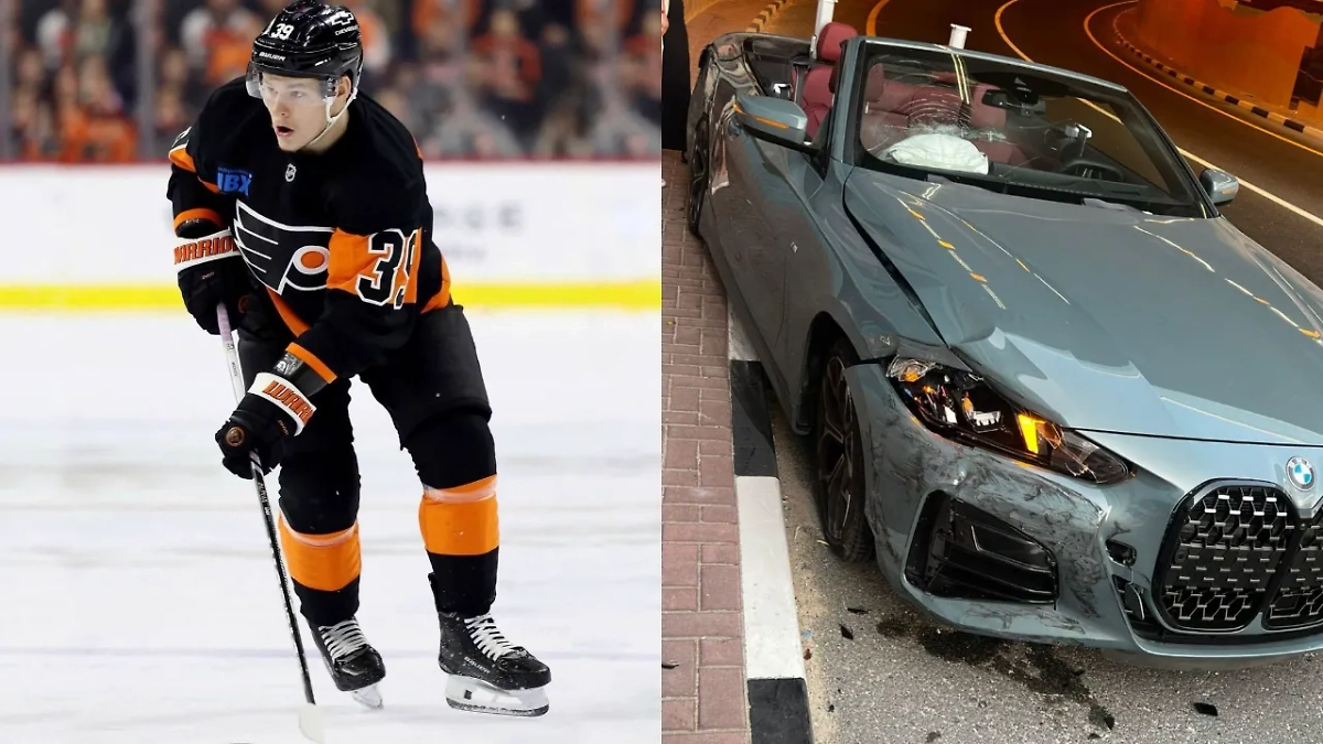 Матвей Мичков и машина, на которой он попал в ДТП в Дубае. Обложка © Instagram (признан экстремистской организацией и запрещён на территории Российской Федерации) / matvey_michkov39 / Telegram / Канал Алексея Шевченко, «День с Алексеем Шевченко»