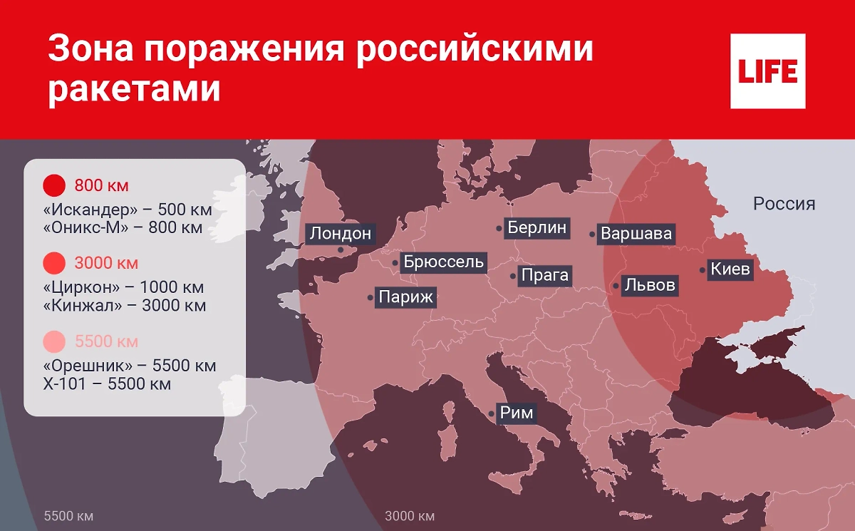 Зона поражения российскими ракетами территории Европы. Инфографика © Life.ru 