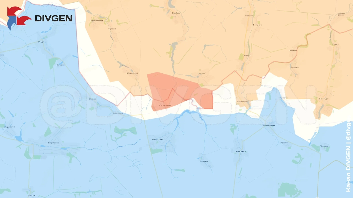Карта СВО на 29 мая 2025 года. Сумское направление. ВС РФ освободили приграничную деревню Константиновку. Фото © Telegram / DIVGEN 🚩 Карта СВО