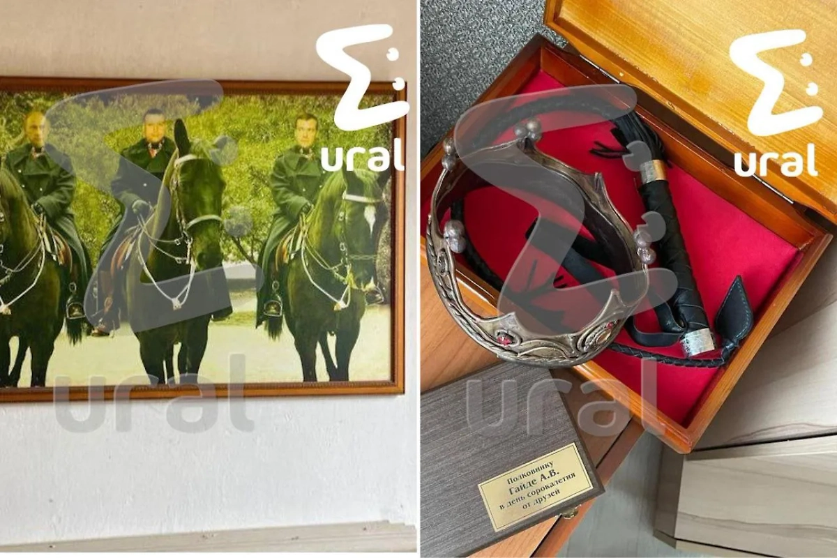 При обысках у начальника ГАИ нашли плётку, корону и картину с Путиным. Фото © Telegram/ Ural Mash