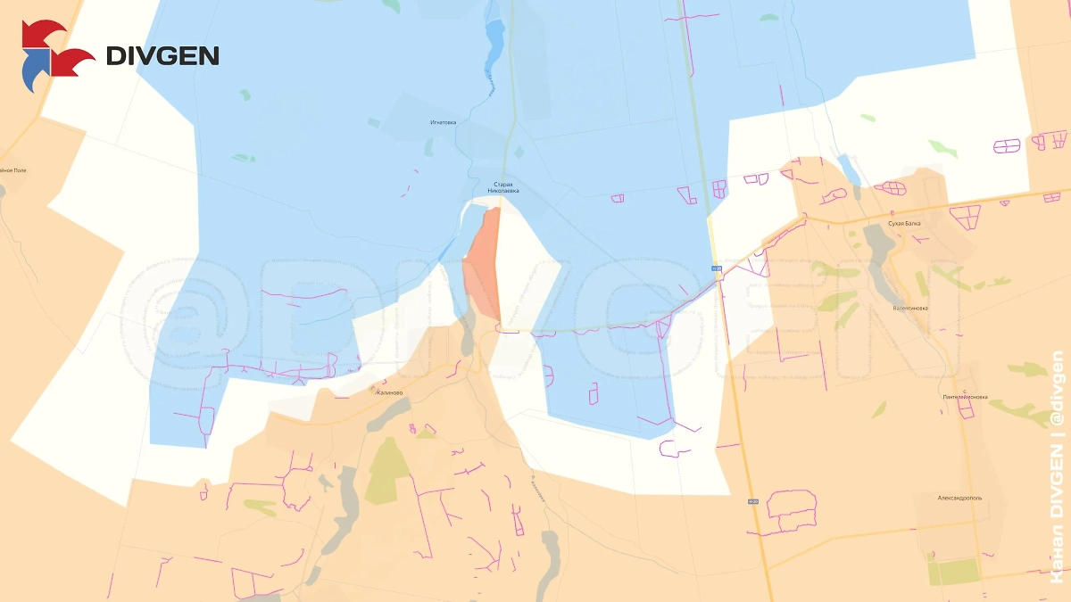 Карта СВО на 5 мая 2025 года. ВС РФ вышли на южную окраину Старой Николаевки. Фото © Telegram / DIVGEN 🚩 Карта СВО