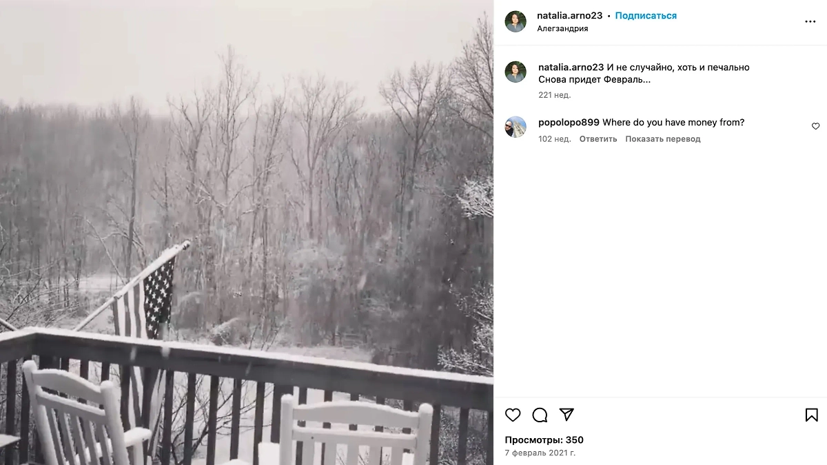 Чудесным зимним видом на лес похвасталась Наталия Арно в соцсетях. «Откуда на это деньги?» — немедленно последовал вопрос от одного из её подписчиков. Фото © Instagram (признан экстремистской организацией и запрещён на территории Российской Федерации) / natalia.arno23 