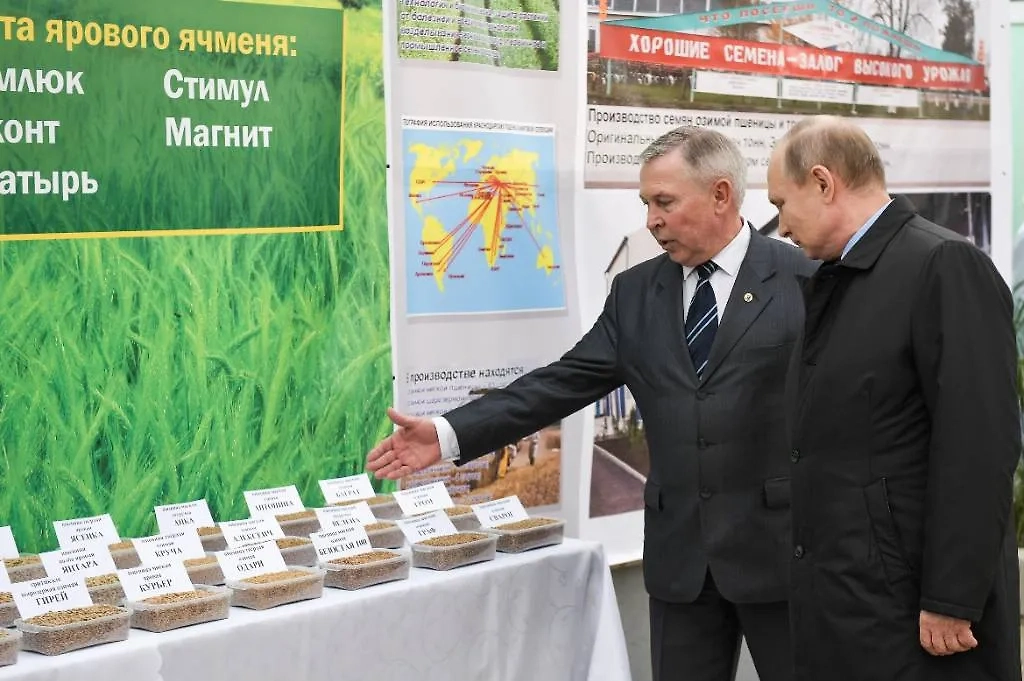 Александр Романенко и президент России Владимир Путин (слева направо) во время осмотра выставки инновационных разработок и технологических стартапов в сфере агропромышленного комплекса в Кубанском государственном аграрном университете, 2018 г. Фото © ТАСС / Алексей Никольский