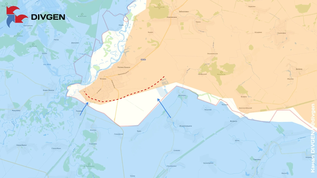 Карта СВО на 8 мая 2025. В районе Тёткино противник продолжает безуспешно прорываться со стороны Искрисковщины и Рыжевки. Фото © Telegram / divgen