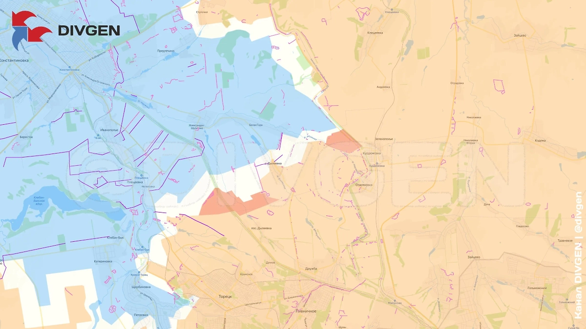 Карта СВО на 18 июня 2025 года. ВС РФ продвигаются на Константиновку вдоль железной дороги от Дылеевки. Фото © Telegram / DIVGEN 🚩 Карта СВО